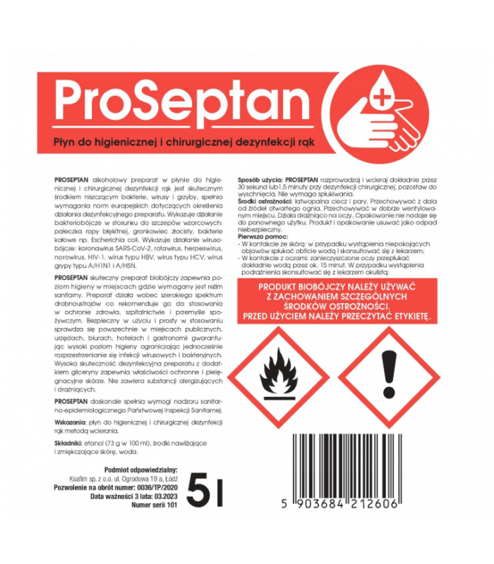 PROSEPTAN 5L Płyn do higienicznej i chirurgicznej dezynfekcji dłoni etykieta