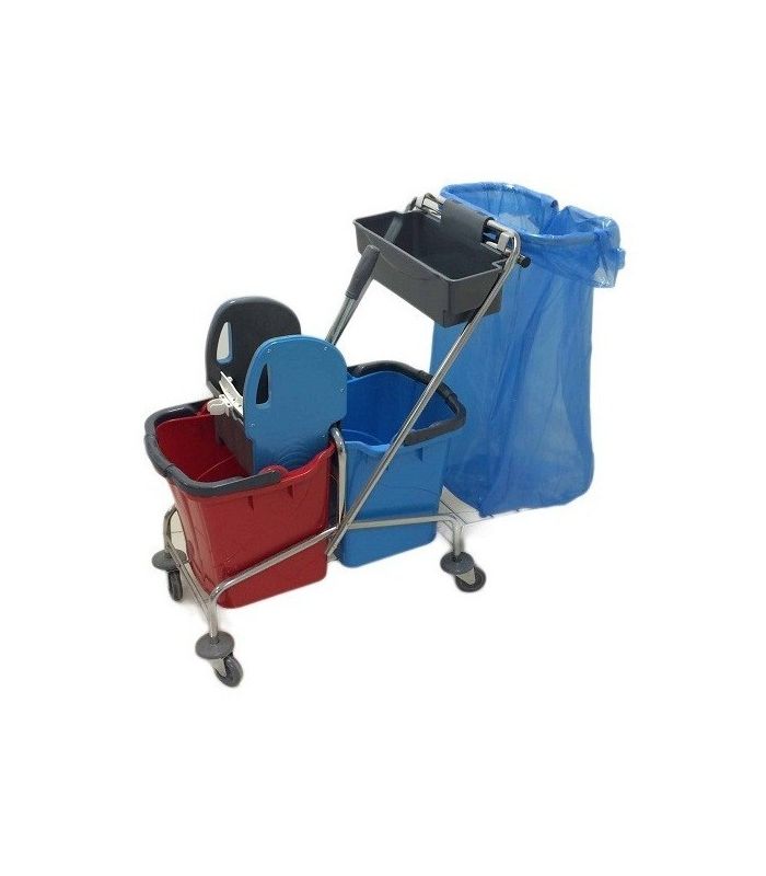 Wózek dwuwiaderkowy serwisowy chromowany 2X25L Z Uchwytem Na Worek i koszykiem na akcesoria