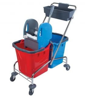 Wózek dwuwiaderkowy chromowany 2X25L z koszykiem na akcesoria